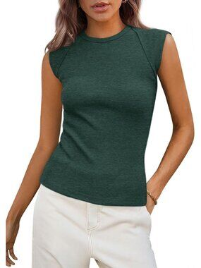 Women's Dark Green Polyester Blend Cap Sleeve Slim Fitted Basic Casual Tank Top